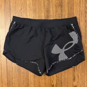 Under Armour Fly By Running Shorts Black Mesh Trim Womens Large Logo Athletic